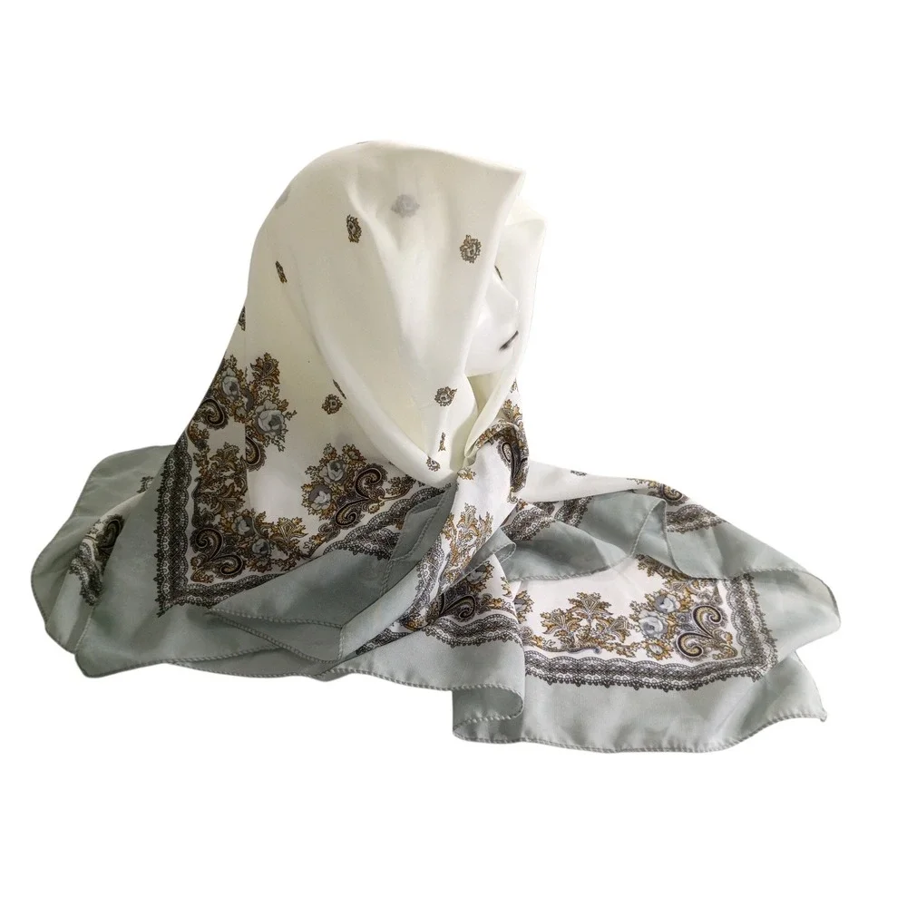 ASB Scarf Sage Green Cream Paisley Silk Cotton Rayon Square Hijab Headscarf 43in